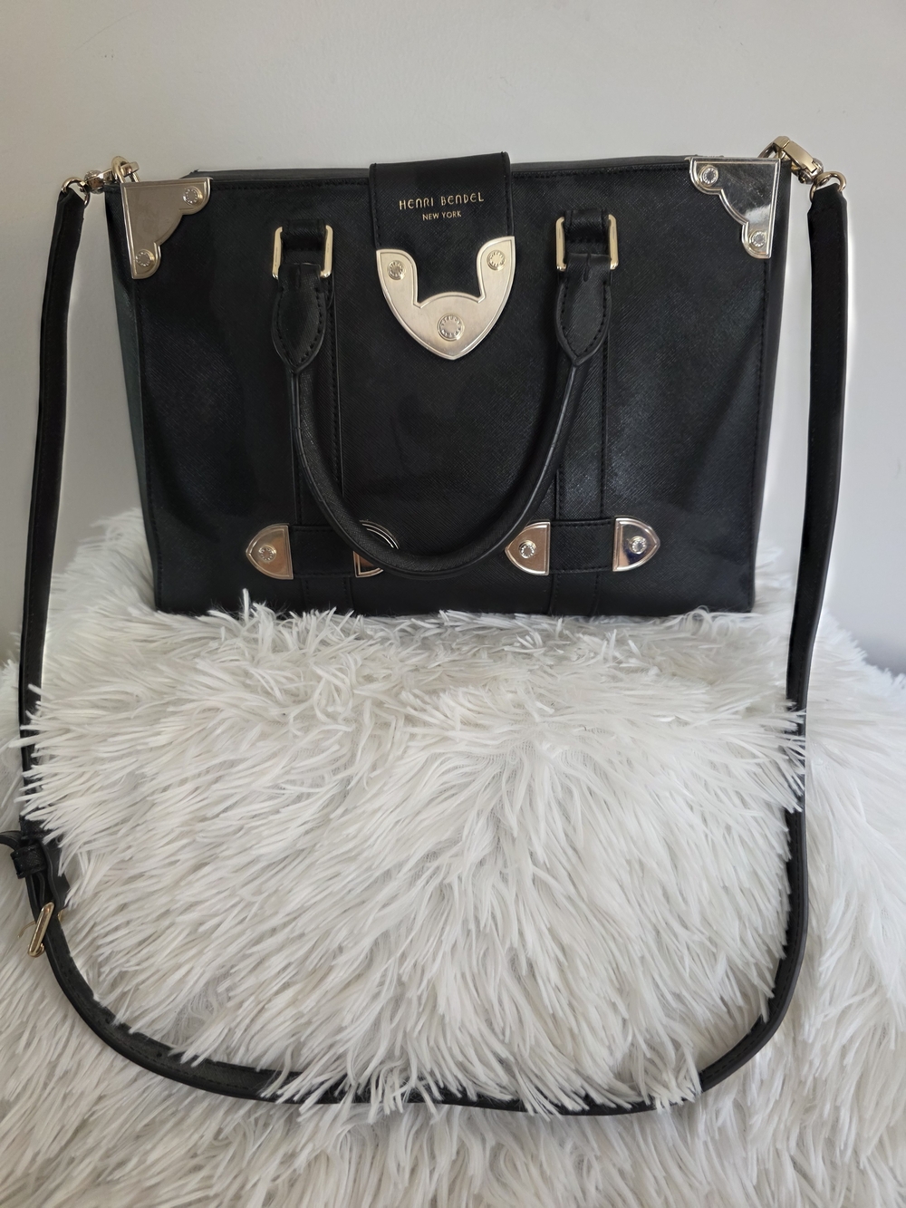 Henri Bendel Black Leather Satchel with Gold Hardware